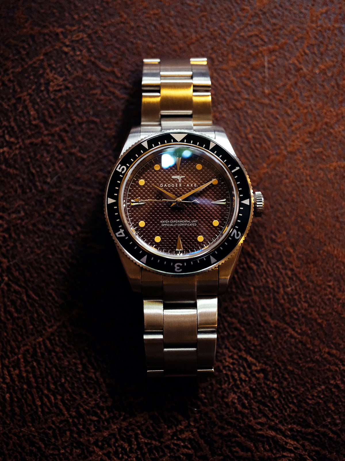 DAGGER A.X.E. Brown Dial watch on wrist lifestyle shot showing 39mm case size