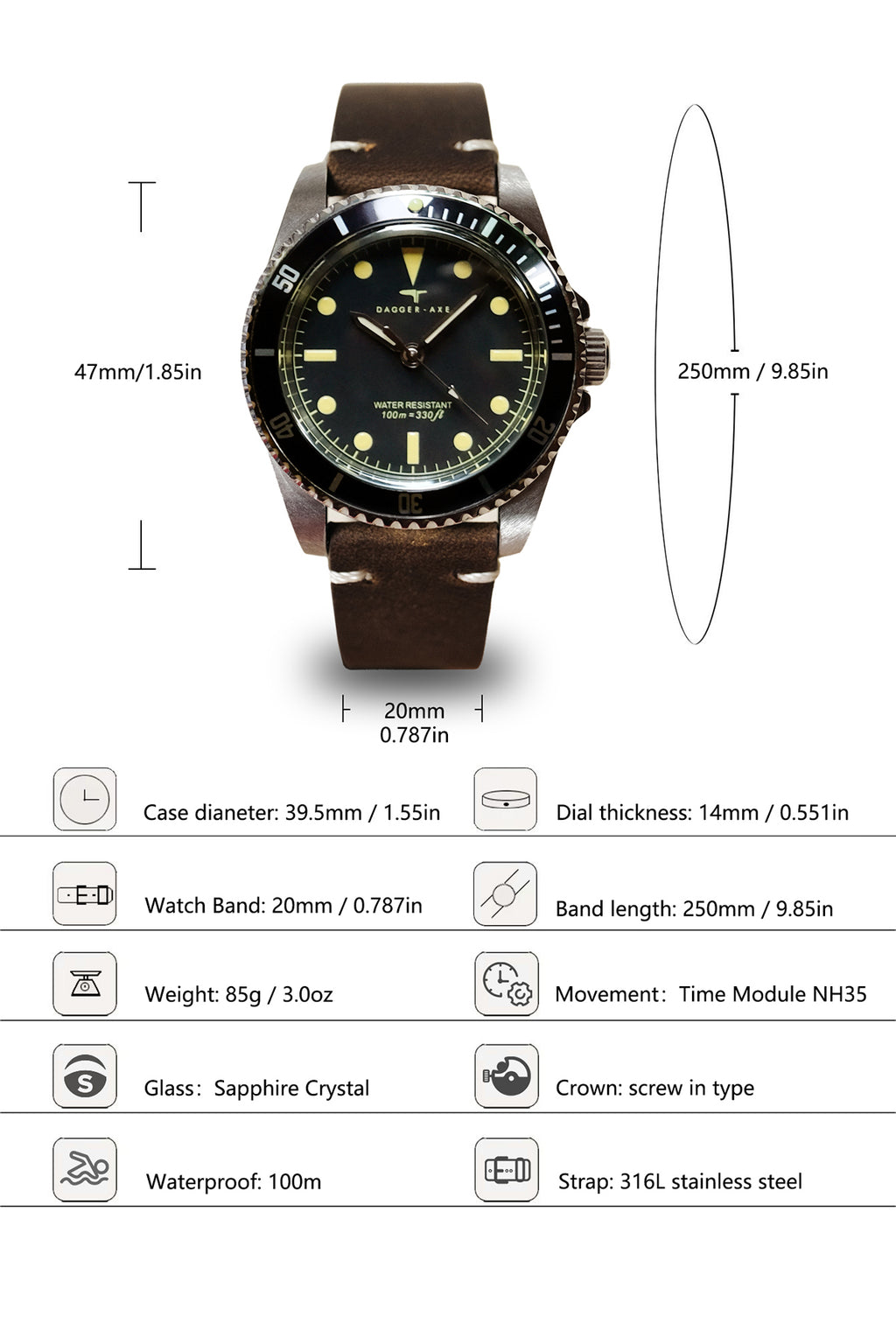 DAGGER A.X.E. MK1 Vintage Dive Watch specifications chart – 39.5mm case, NH35 automatic, sapphire crystal, 100m water resistance