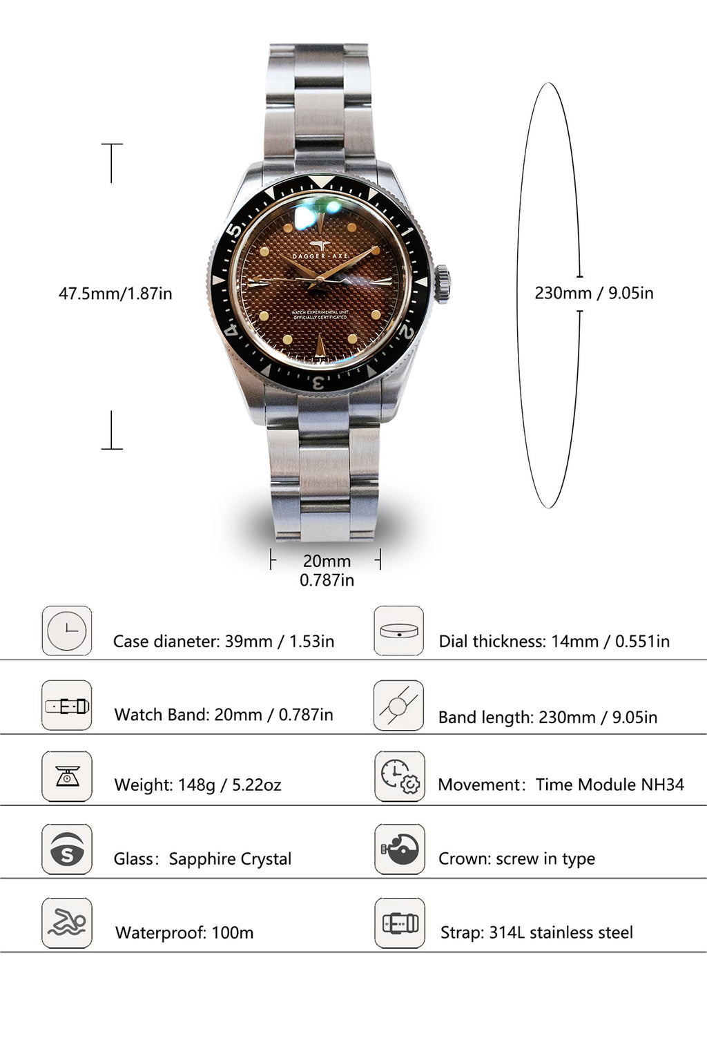 DAGGER A.X.E. Brown Dial Vintage Dive Watch specifications chart – 39mm case, NH34 GMT automatic, sapphire crystal, 100m water resistance