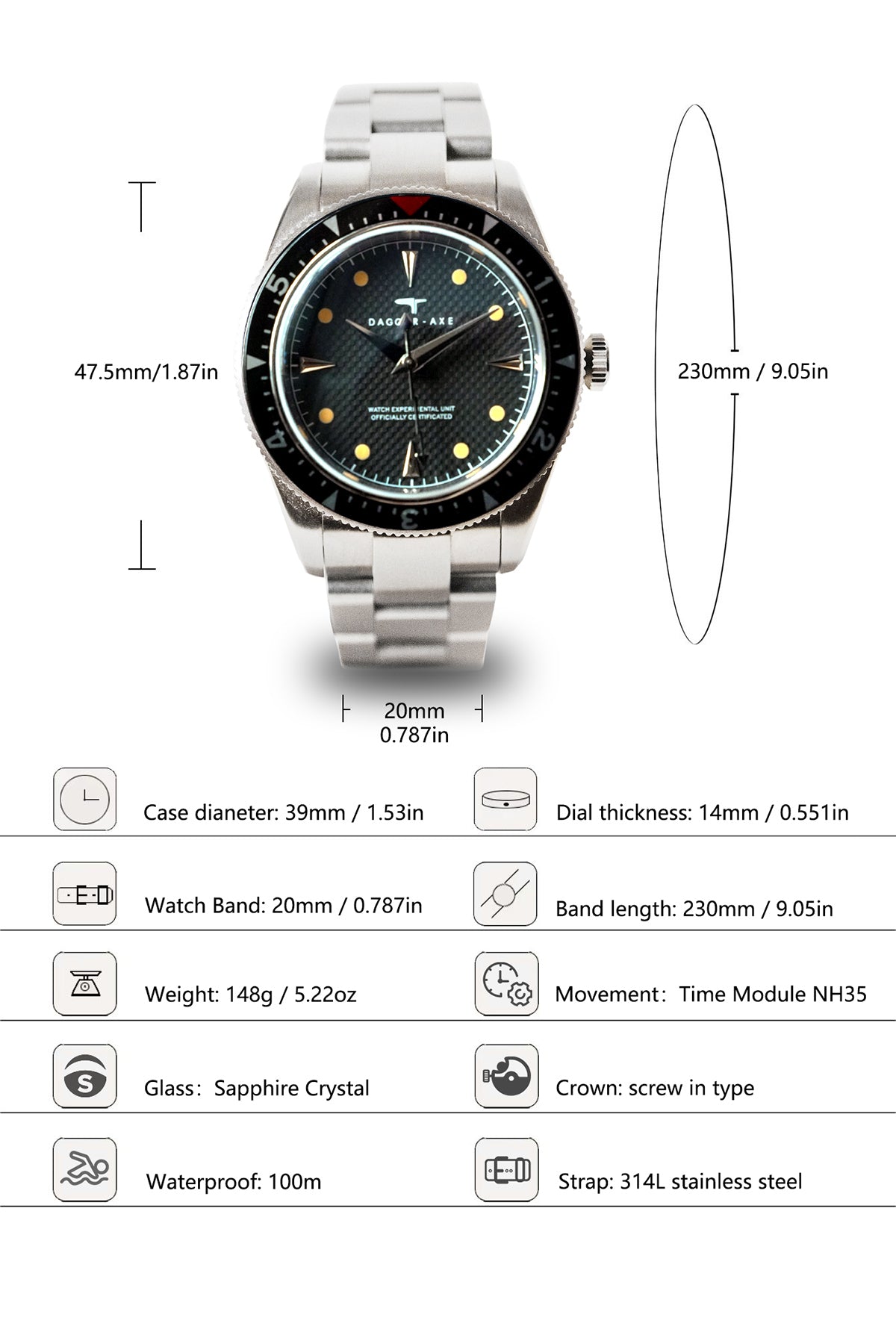 Obsidian dive watch specifications chart – 39mm case, NH35 automatic, sapphire crystal, 100m water resistance